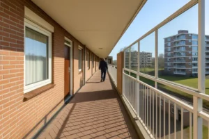 Voorbeeld van een vluchtroute door een niet-besloten ruimte in een flat