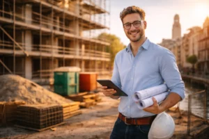 Man op bouwplaats langs een Nederlandse gracht