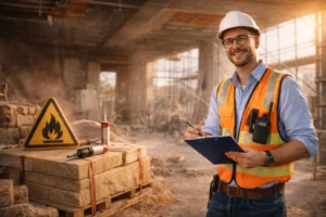 Bouwmanager op renovatieproject in de avond