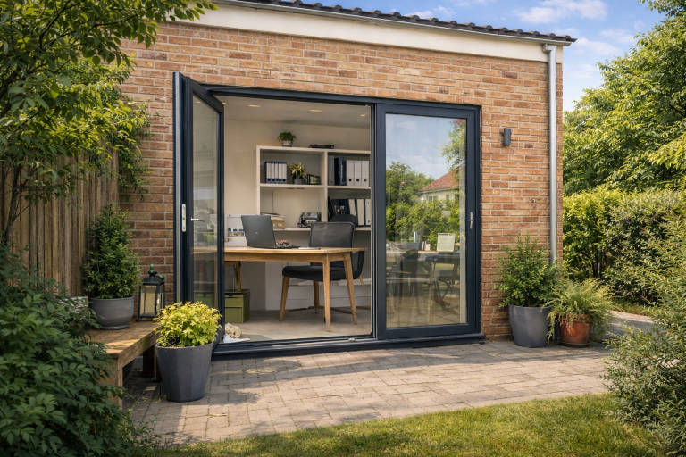 Buiten kantoor met groene tuin