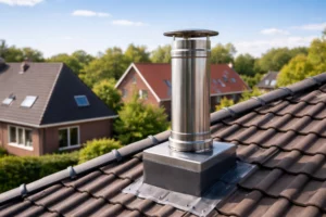 Chimney op een zonnig dak in Nederlandse woonwijk