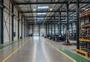 Ruimtelijke industriële hal met veiligheidstekens