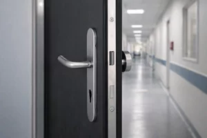 Zwarte branddeur in ziekenhuiscorridor