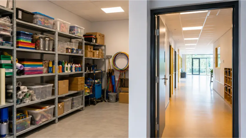 Opgeruimde voorraadkamer met heldere gang schoolgebouw