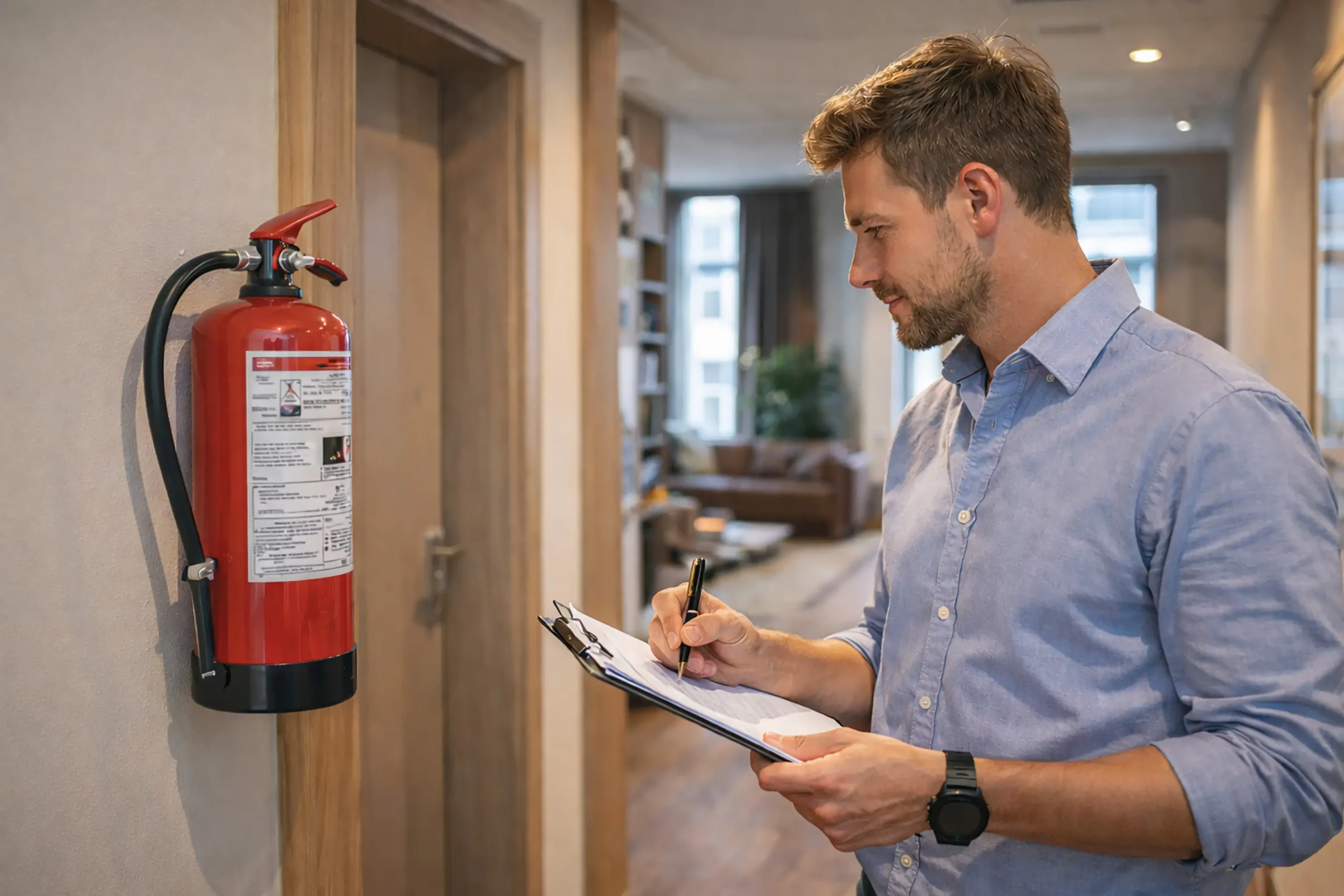 Man voert controle uit aan brandblusser