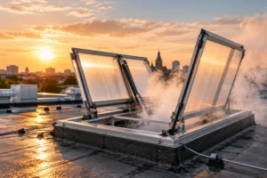 Rookafvoerluiken bij zonsondergang