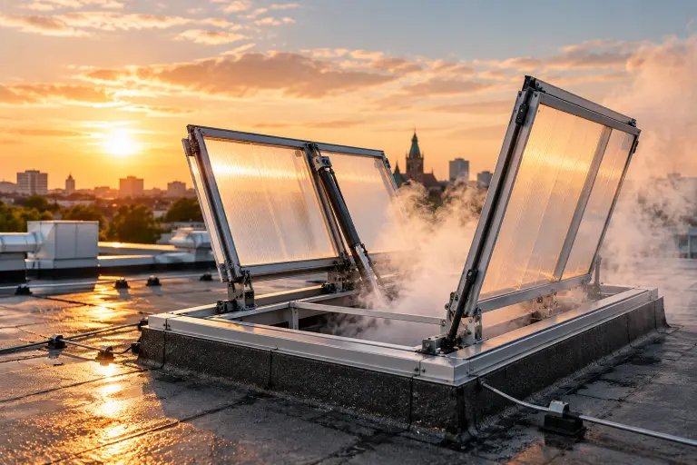 Rookafvoerluiken bij zonsondergang